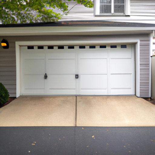 Modern paneled garage door on a suburban Mendham, NJ home with trimmed landscaping and overcast light