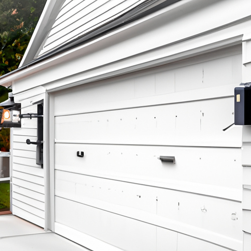 Suburban Mendham home exterior with a modern garage door and visible smart opener hardware mounted on the garage wall.