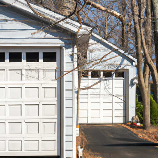 Residential two-car garage door in Mendham, NJ with visible tracks and weatherstripping, driveway and home exterior in view.