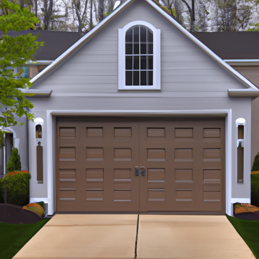 New modern garage door installed on a colonial home in Mendham, NJ with driveway and landscaping visible.