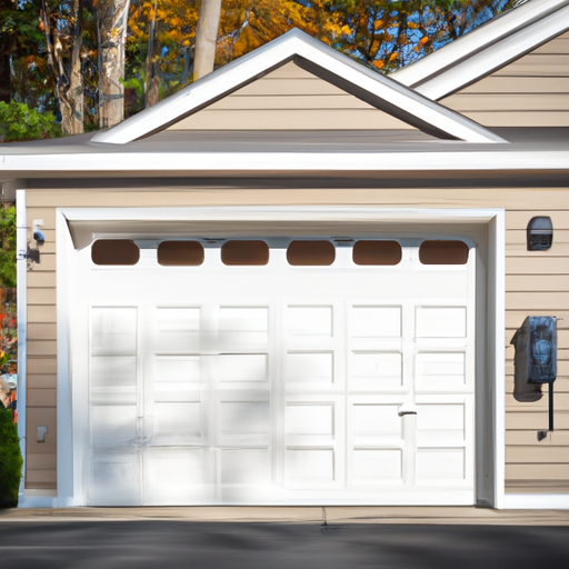 Suburban Mendham garage door with visible smart hub and keypad on a crisp autumn morning, no people.