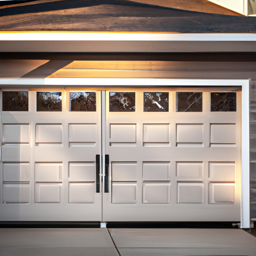 Suburban Mendham home exterior with a modern sectional garage door visible, showing weather seals and hardware.