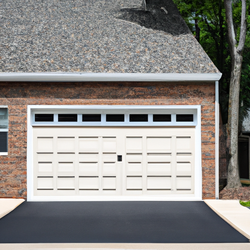 Sectional garage door on a brick garage in a Mendham, NJ driveway, slightly open showing weatherstripping and bottom seal.