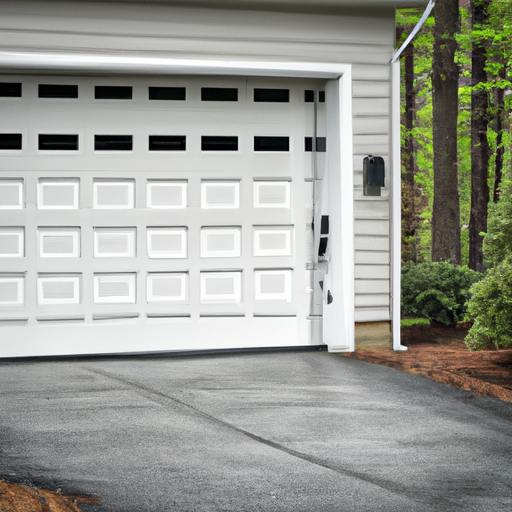 Contemporary residential garage door partly open in a Mendham, NJ driveway with visible tracks and hardware, overcast lighting.