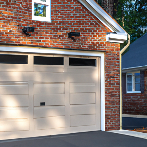 Suburban Mendham home with modern insulated garage door and visible smart opener, late afternoon exterior view.