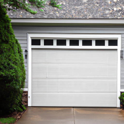 Suburban Mendham NJ residential garage door closed on a driveway with hedges and overcast daylight.