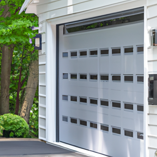 Suburban Mendham house with a modern garage door and visible smart keypad on the frame, no people.