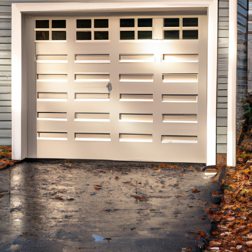 New insulated steel garage door on a colonial Mendham, NJ home in late autumn light, driveway and weatherseal visible.