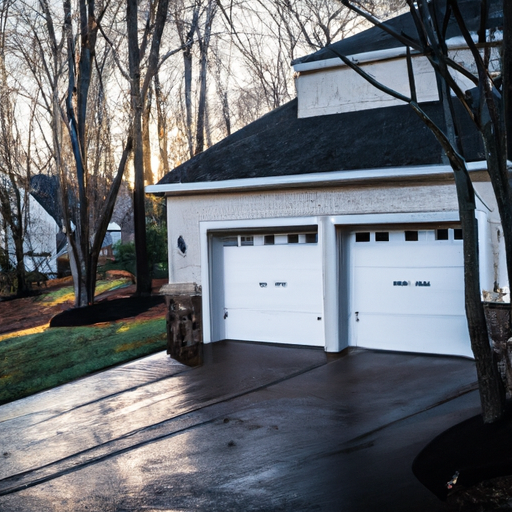 Suburban Mendham garage with modern raised-panel steel door, wet driveway and bare trees in soft morning light.