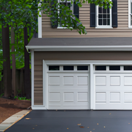 Suburban Mendham home exterior with a closed two-car garage door; street and trees visible, soft daylight.