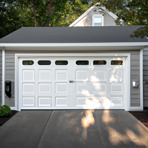 Insulated steel garage door with smart keypad and Wi‑Fi opener at a suburban Mendham, NJ home in morning light.