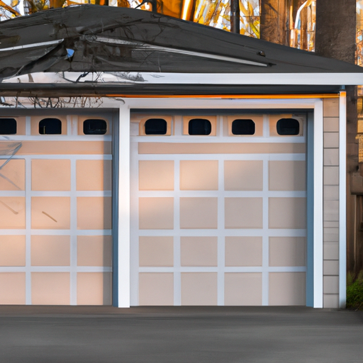 Suburban Mendham garage exterior with an insulated sectional garage door at golden hour, showing weatherstripping and seals.