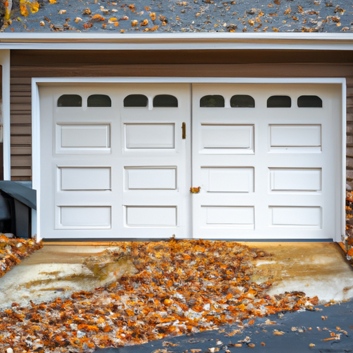Suburban Mendham home with two-car garage door closed, autumn leaves on driveway, clear view of door panels and weather seal.