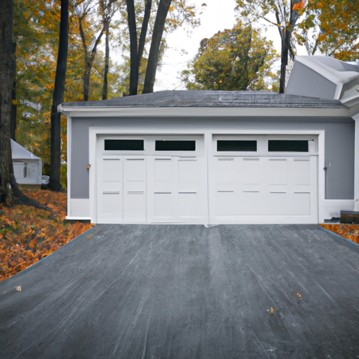 Suburban Mendham home with a closed modern paneled garage door, driveway and fall trees, overcast light.