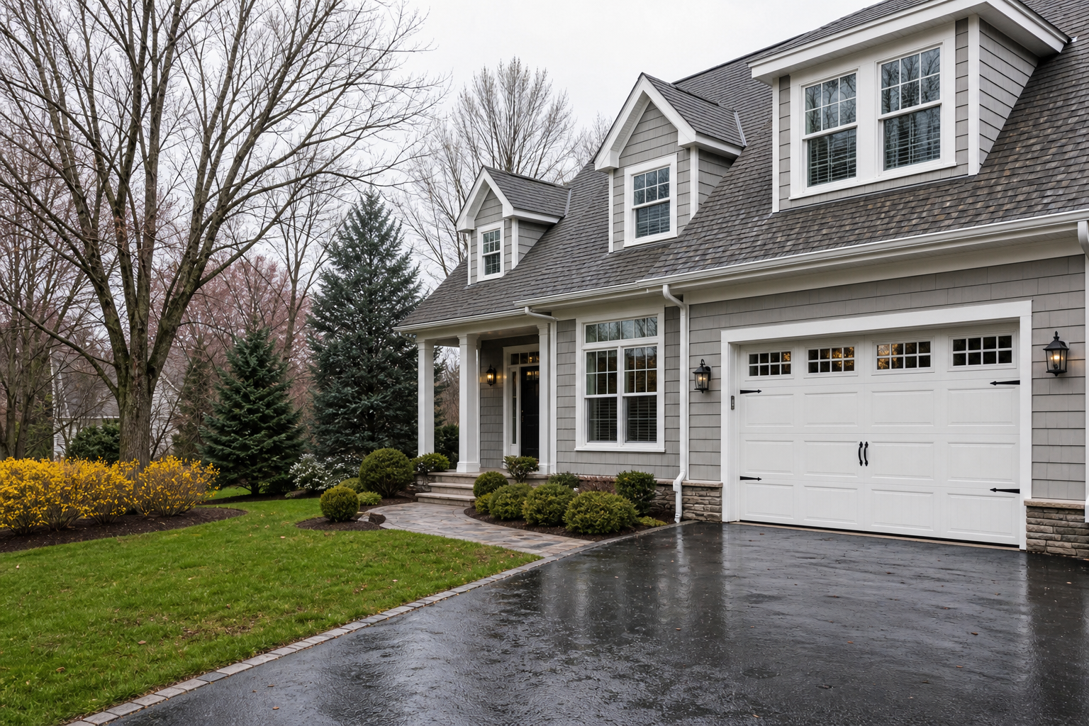 Suburban Mendham home with a visible garage door and driveway in natural light